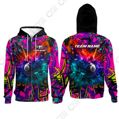 Customized Billiards Zip Hoodies, Personalized Neon Chaos 8 Ball Jersey Gift For Billiard Players