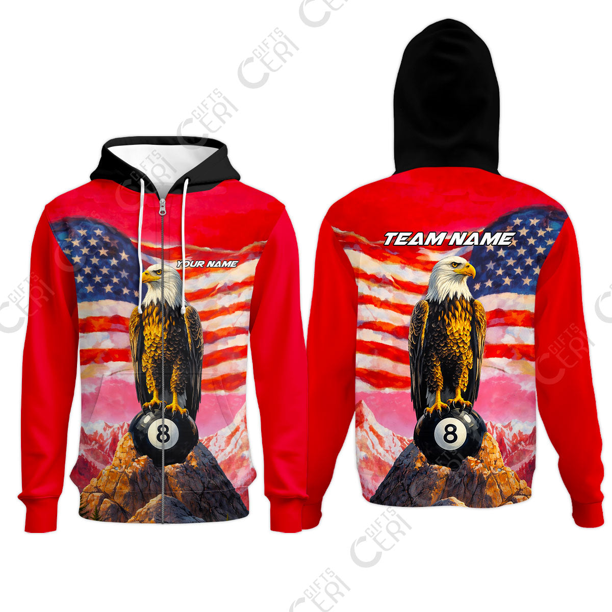 Customized Billiards Zip Hoodies, Personalized American Flag With Eagle 8 Ball Jersey Gift For Billiard Players