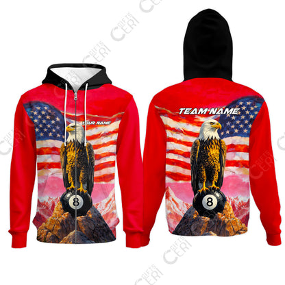 Customized Billiards Zip Hoodies, Personalized American Flag With Eagle 8 Ball Jersey Gift For Billiard Players