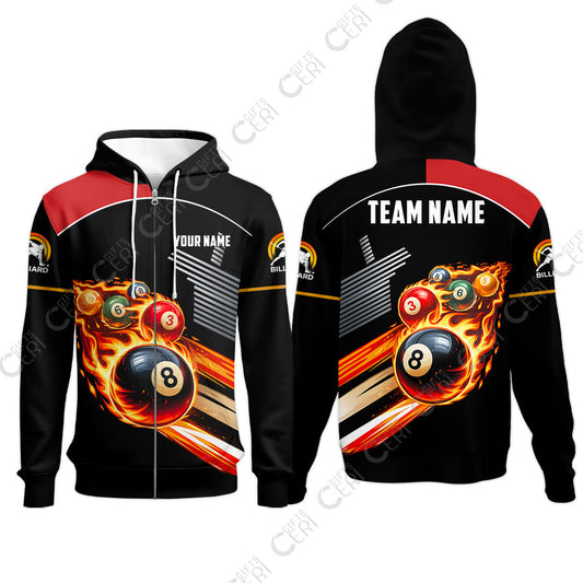 Customized 8 Ball Pool Zip Hoodies, Billiards 8-Ball The Balls Are Burning, Billiards Jerseys