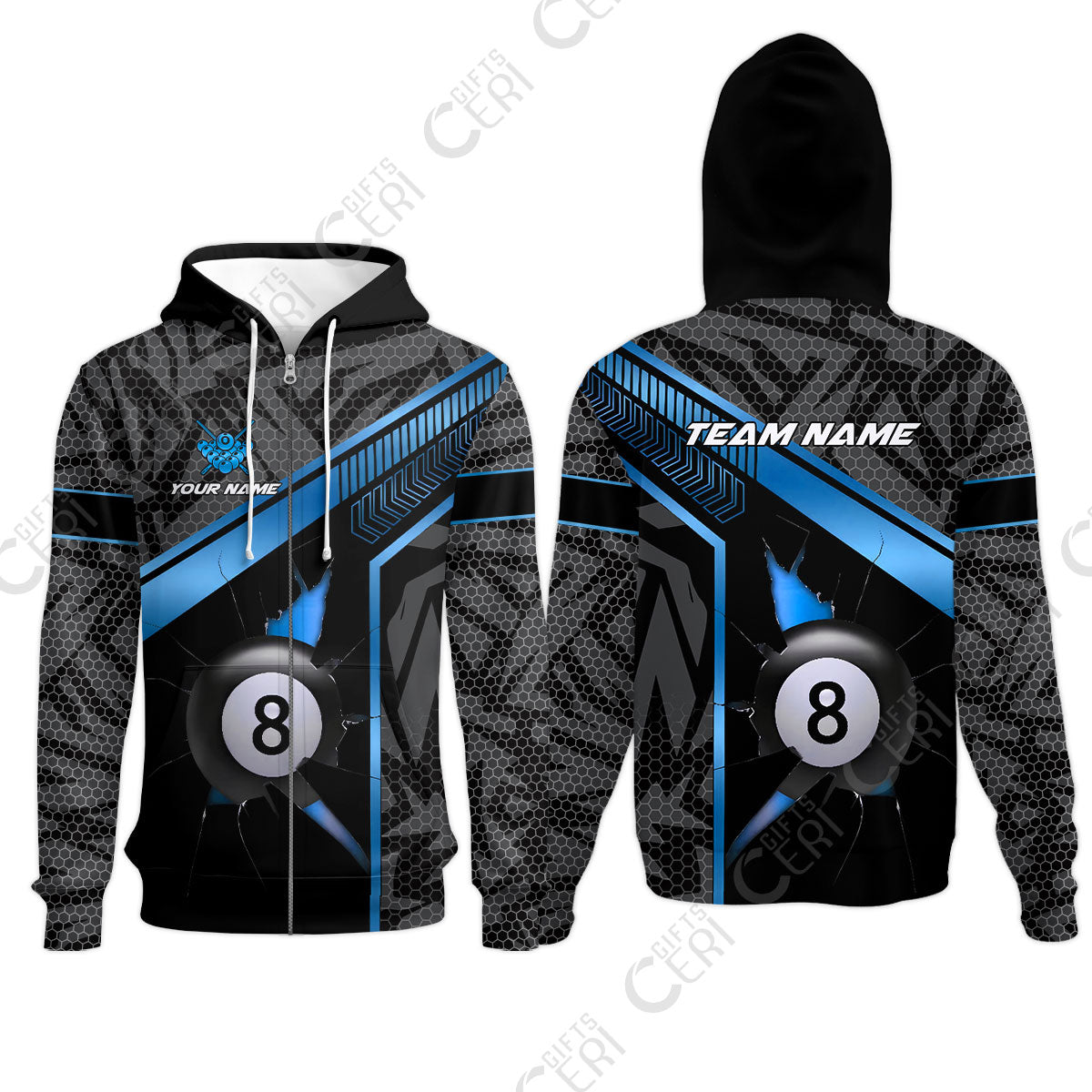 Customized Billiards Zip Hoodies, Personalized Hexagonal Patterns With A Cracked Glass 8 Ball Jersey