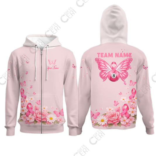 Customized 8 Ball Pool Zip Hoodies, Floral Butterfly Billiards 8-Ball, Personalized Billiards Jersey