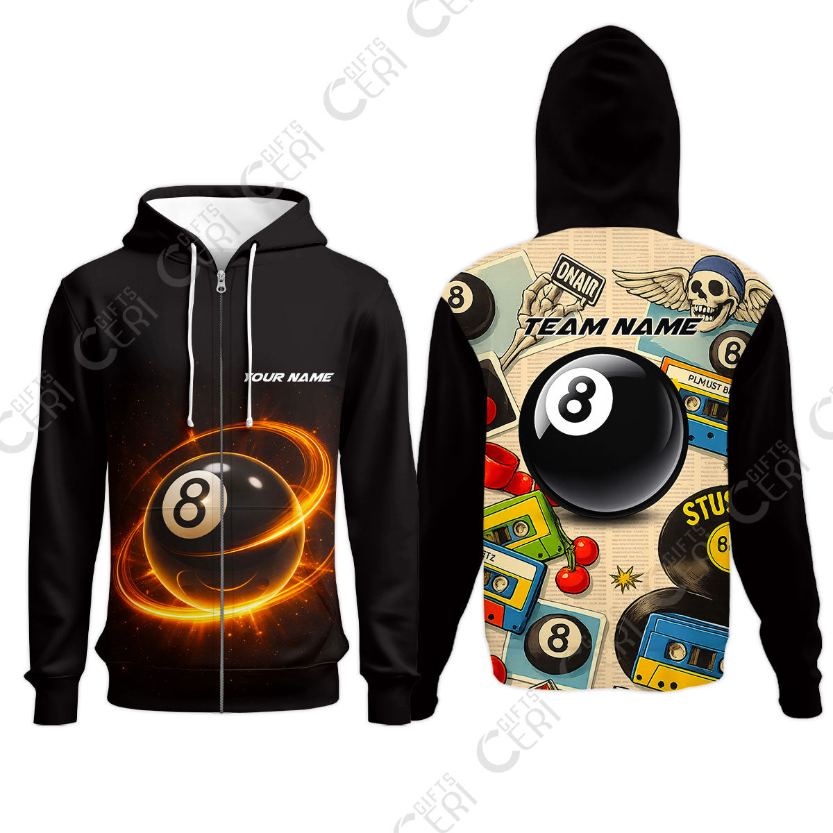 Customized 8 Ball Pool Zip Hoodies, Billiard 8-Ball Retro Vibes, Billiards Jerseys
