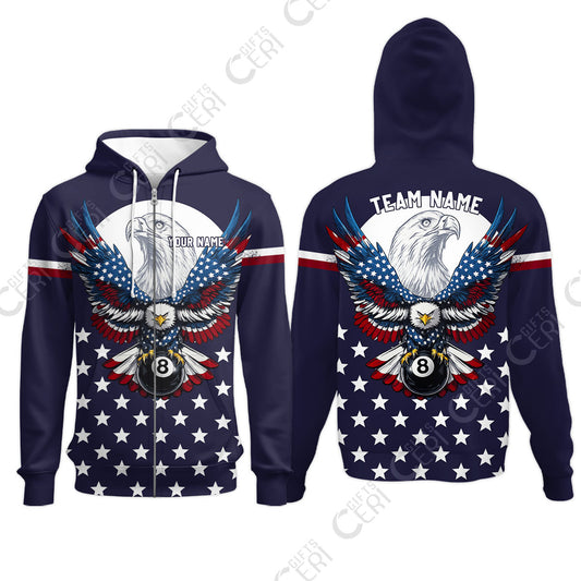 Customized 8 Ball Pool Zip Hoodies, American Eagle Billiards 8-Ball, Personalized Billiards Jersey