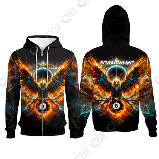 Customized 8 Ball Pool Zip Hoodies, Billiard Phantom 8-Ball Flame Eagle, Billiards Jerseys
