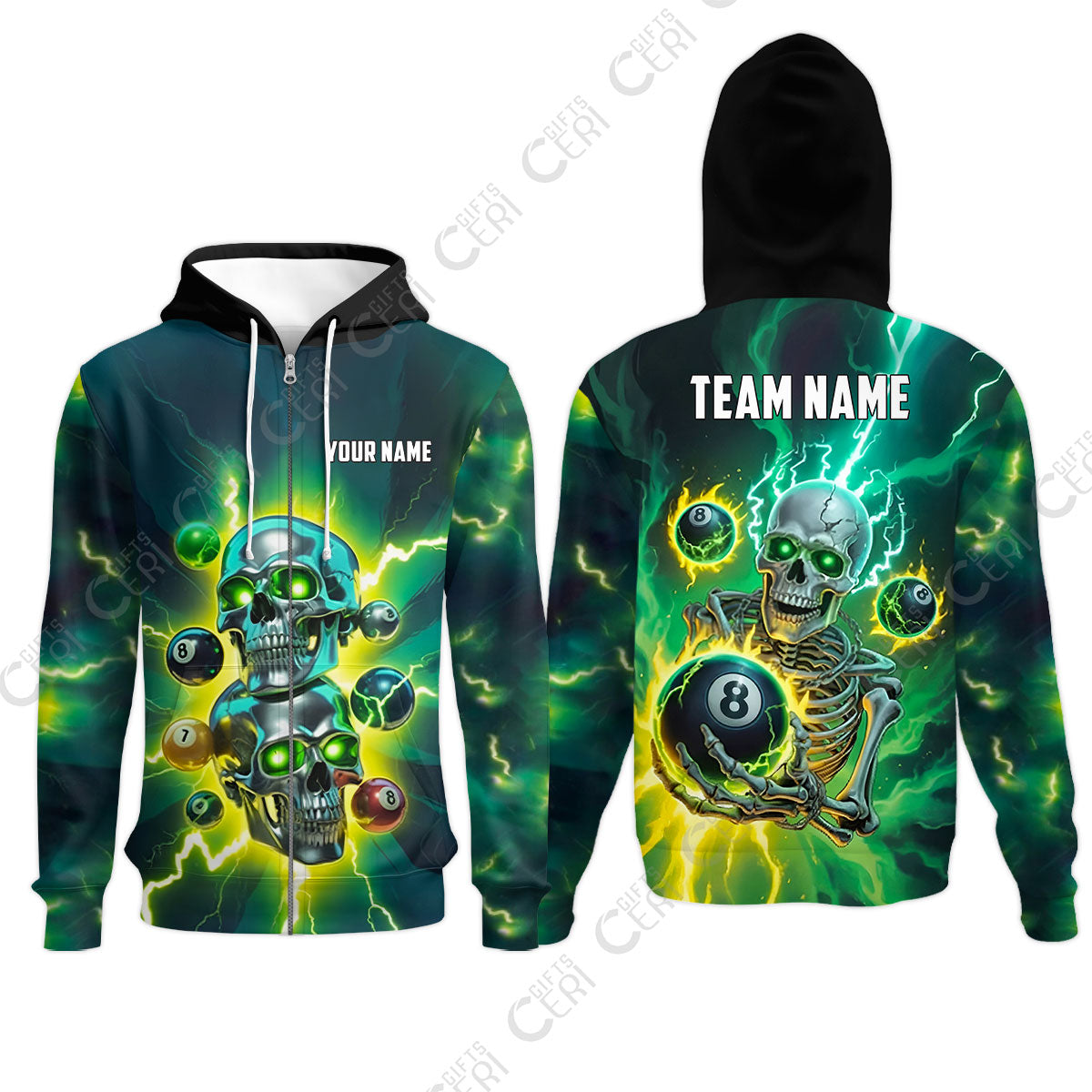 Customized 8 Ball Pool Zip Hoodies, Billiards 8-Ball Thunder Skull, Billiards Jerseys