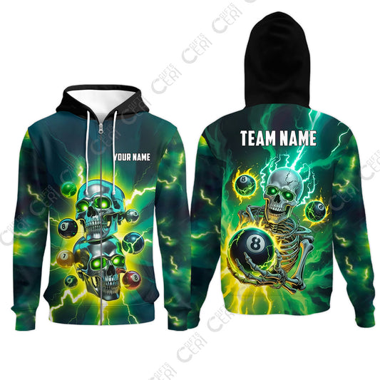 Customized 8 Ball Pool Zip Hoodies, Billiards 8-Ball Thunder Skull, Billiards Jerseys