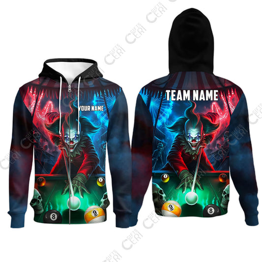Customized Billiards Zip Hoodies, 8 & 9 Ball Pool Nightmare Billiards Clown Jersey, Billiards Jerseys