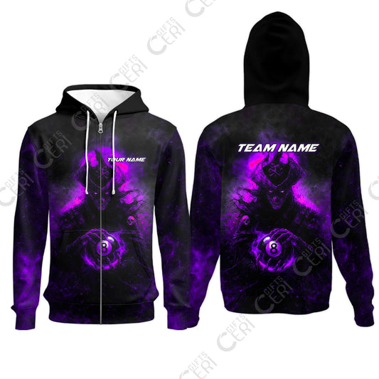 Customized Billiards Zip Hoodies, Personalized Ghost Captains 8 Ball Jersey Gift For Billiard Players