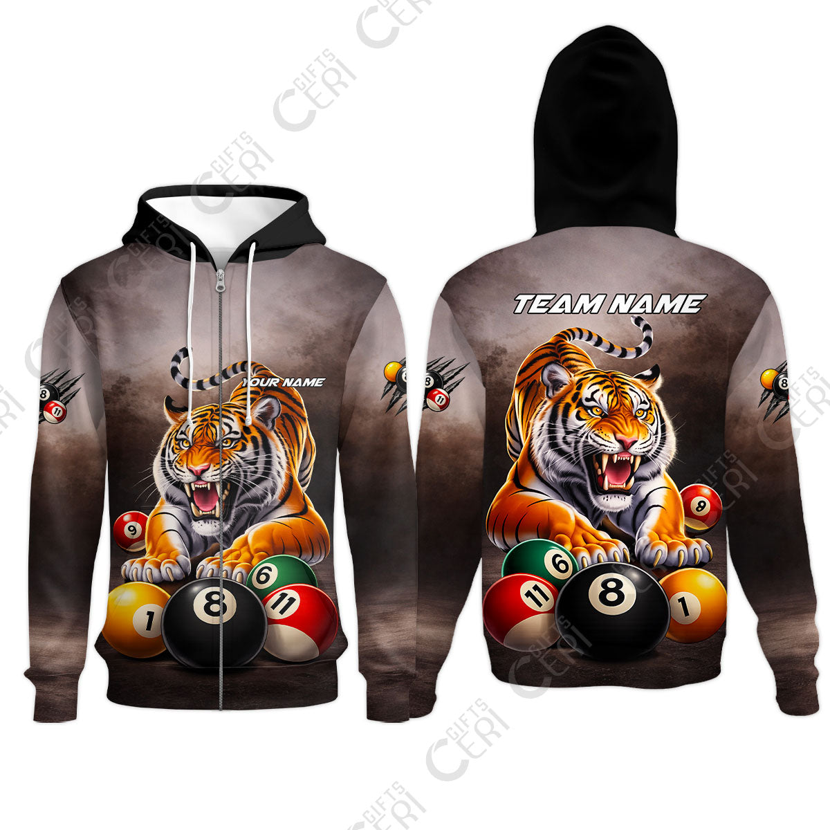 Customized 8 Ball Pool Zip Hoodies, Billiards 8-Ball Colorful Tiger Break, Billiards Jerseys