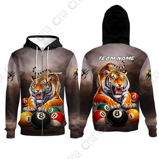 Customized 8 Ball Pool Zip Hoodies, Billiards 8-Ball Colorful Tiger Break, Billiards Jerseys