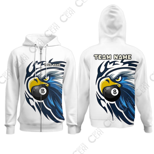 Customized 8 Ball Pool Zip Hoodies, Eagle Eye 8-Ball, Personalized Billiards Jersey