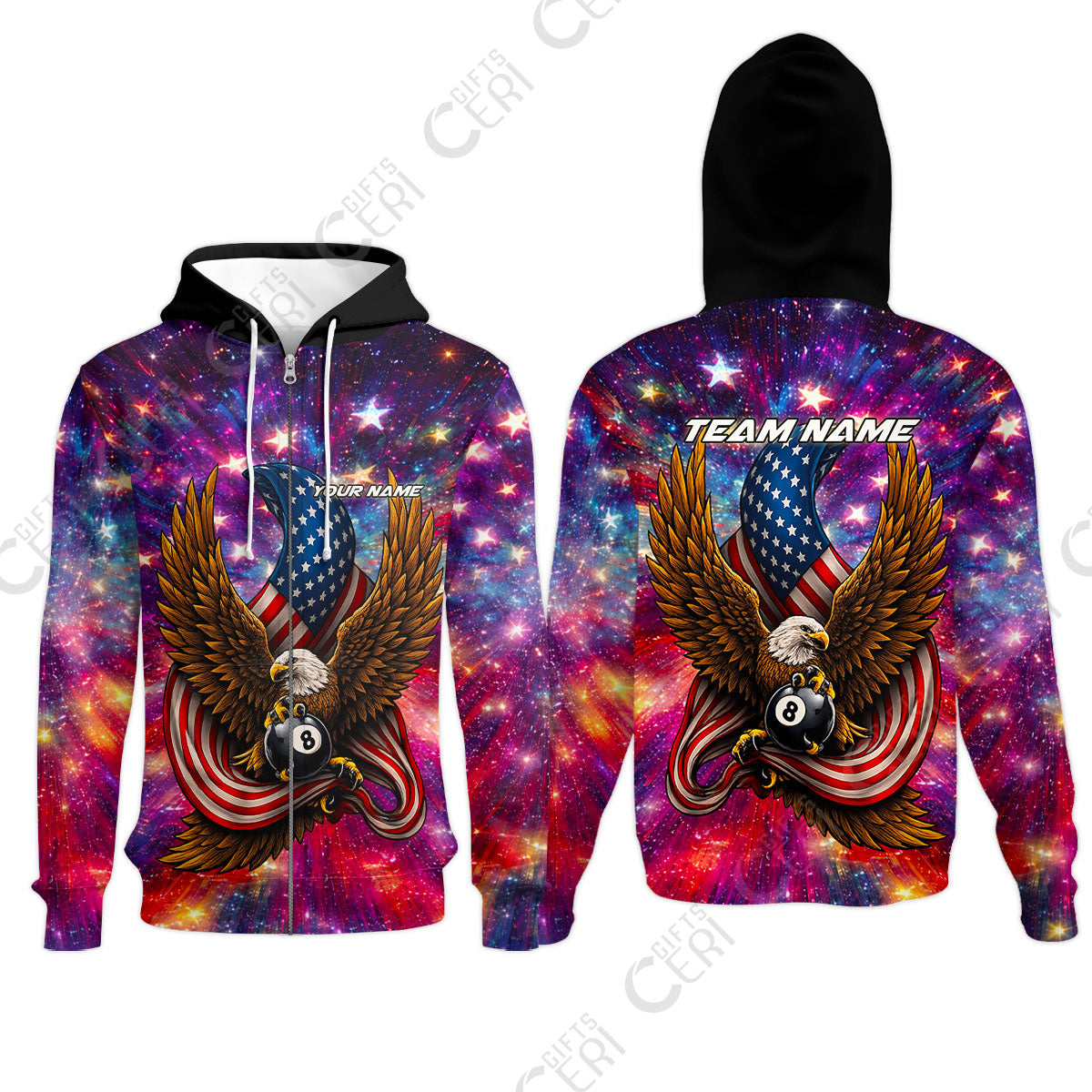Customized 8 Ball Pool Zip Hoodies, Billiard American Flag Galactic Eagle, Billiards Jerseys