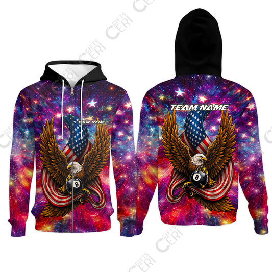 Customized 8 Ball Pool Zip Hoodies, Billiard American Flag Galactic Eagle, Billiards Jerseys