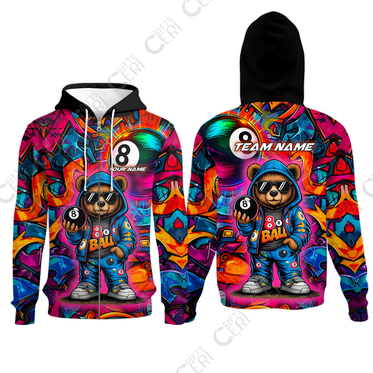 Customized 8 Ball Pool Zip Hoodies, Billiard 8-Ball Street Legend, Billiards Jerseys