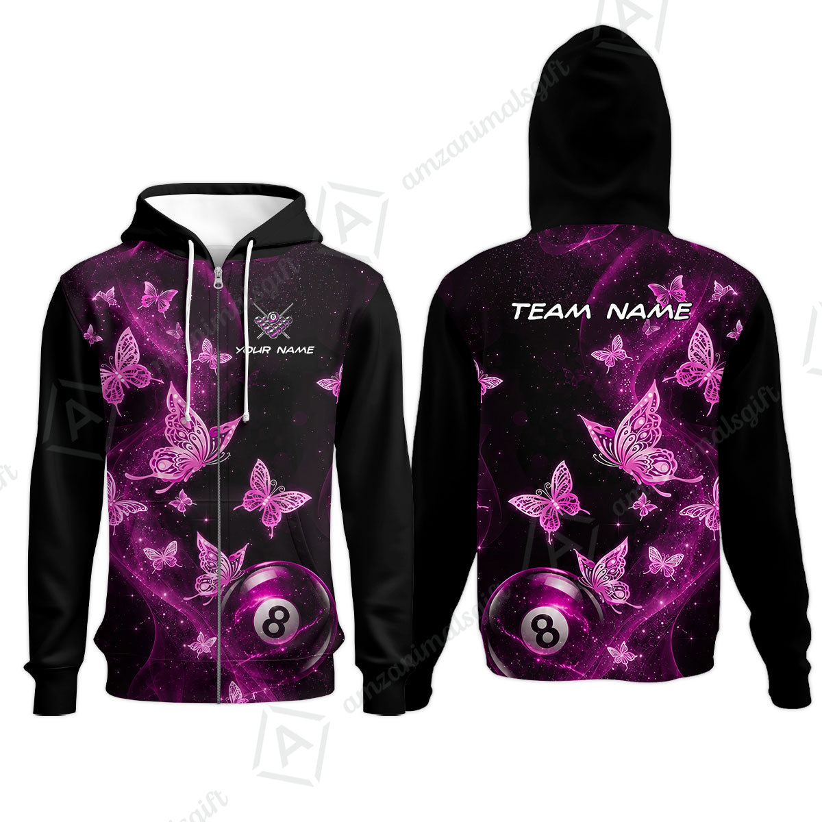 Customized 8 Ball Pool Zip Hoodies, Galaxy And Butterflies, Personalized Billiards Jersey