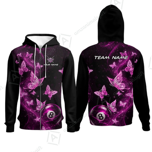 Customized 8 Ball Pool Zip Hoodies, Galaxy And Butterflies, Personalized Billiards Jersey
