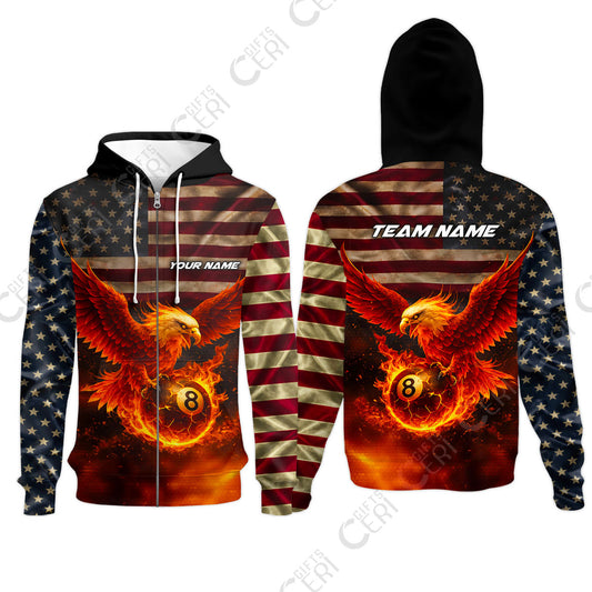 Customized 8 Ball Pool Zip Hoodies, Billiards 8-Ball American Flag Fire Eagle, Billiards Jerseys
