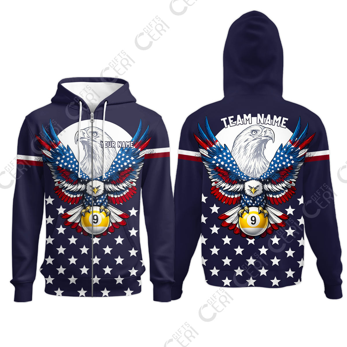 Customized 9 Ball Pool Zip Hoodies, American Eagle Billiards 9-Ball, Personalized Billiards Jersey
