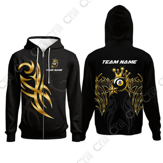 Customized 8 Ball Pool Zip Hoodies, Billiard 8-Ball Crown And Stars, Billiards Jerseys