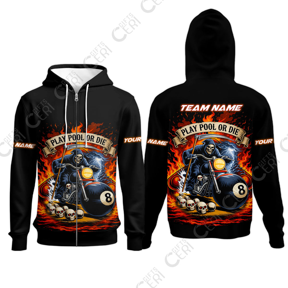 Customized 8 Ball Pool Zip Hoodies, Billiards 8-Ball Hell Riders, Billiards Jerseys