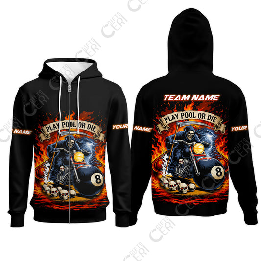 Customized 8 Ball Pool Zip Hoodies, Billiards 8-Ball Hell Riders, Billiards Jerseys