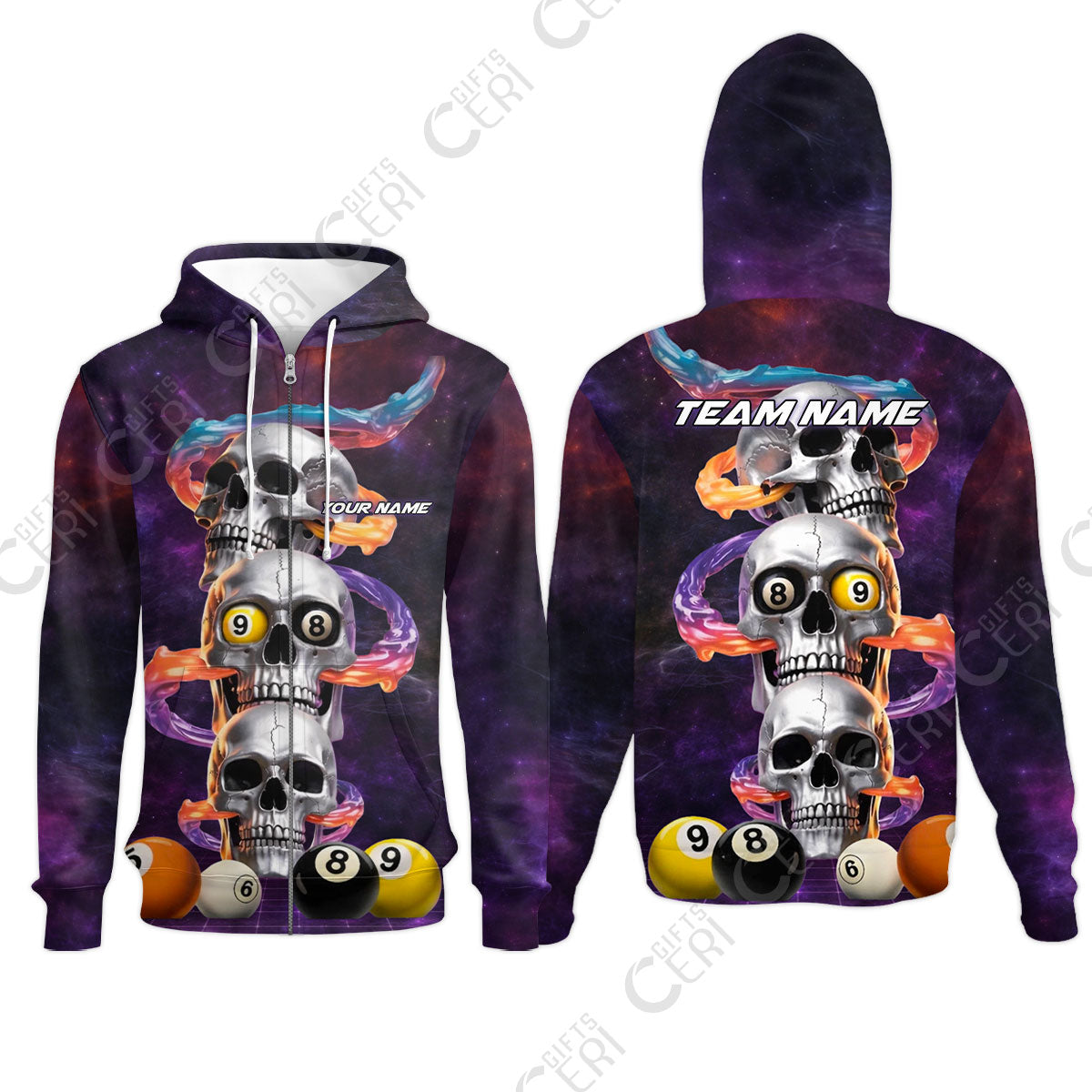 Customized 8 Ball Pool Zip Hoodies, Billiards 8-Ball Galaxy Reaper, Billiards Jerseys