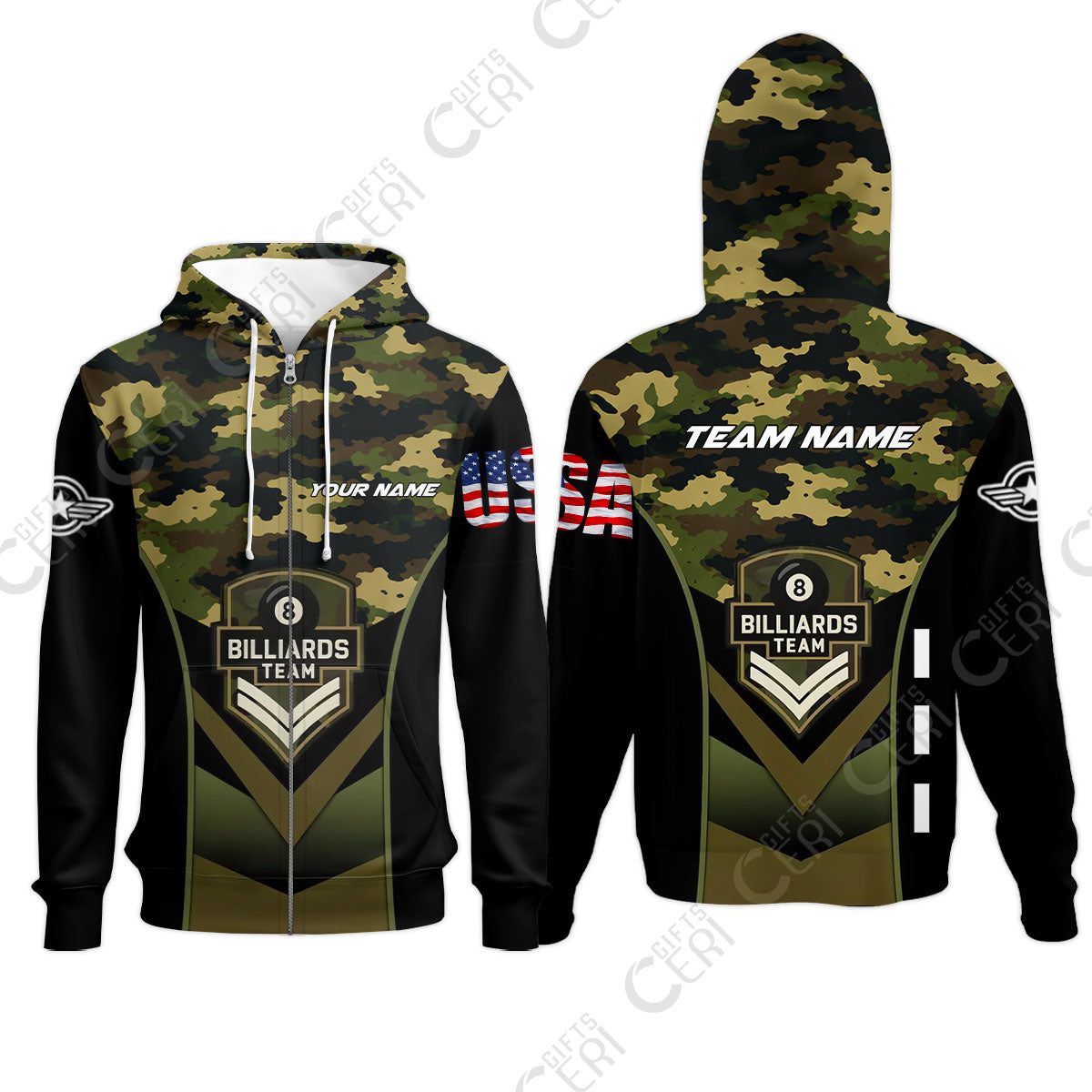 Customized 8 Ball Pool Zip Hoodies, Camo Billiards Elite Billiard 8-Ball, Billiards Jerseys