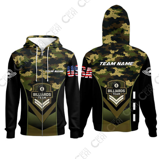 Customized 8 Ball Pool Zip Hoodies, Camo Billiards Elite Billiard 8-Ball, Billiards Jerseys