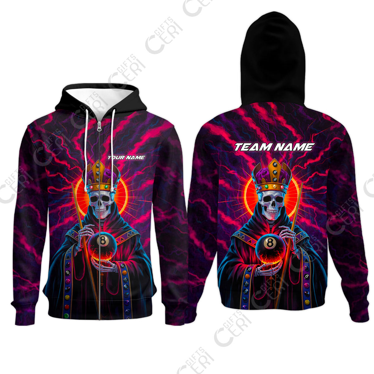 Customized 8 Ball Pool Zip Hoodies, Billiard 8-Ball Necromancer, Billiards Jerseys