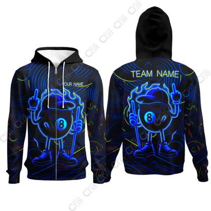 Customized 8 Ball Pool Zip Hoodies, 8-Ball Billiard Neon Cartoon Flaming, Billiard Jerseys