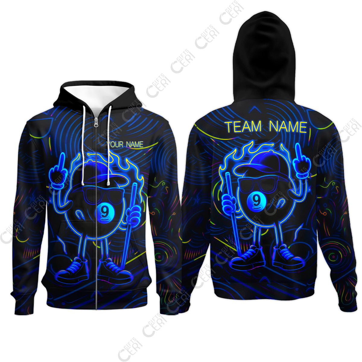 Customized 9 Ball Pool Zip Hoodies, 9-Ball Billiard Neon Cartoon Flaming, Billiard Jerseys