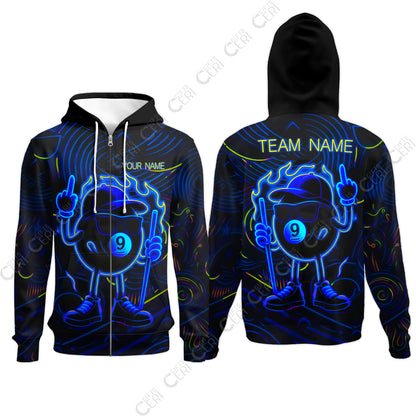 Customized 9 Ball Pool Zip Hoodies, 9-Ball Billiard Neon Cartoon Flaming, Billiard Jerseys