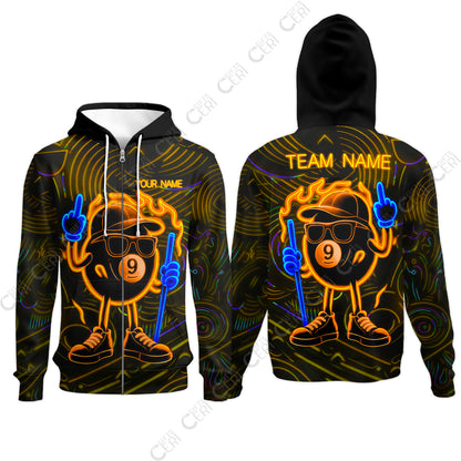 Customized 9 Ball Pool Zip Hoodies, 9-Ball Billiard Neon Cartoon Flaming, Billiard Jerseys