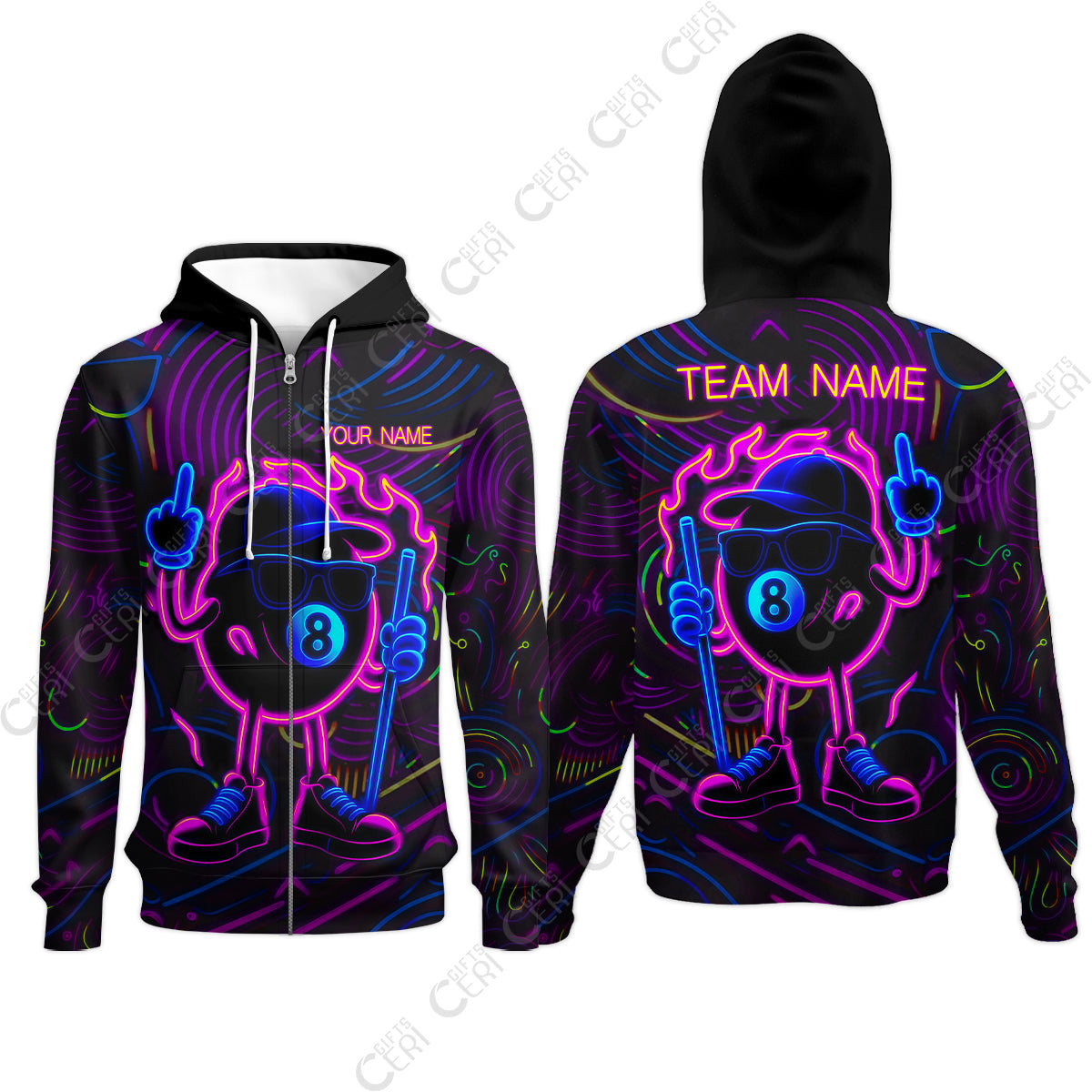 Customized 8 Ball Pool Zip Hoodies, 8-Ball Billiard Neon Cartoon Flaming, Billiard Jerseys