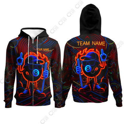 Customized 8 Ball Pool Zip Hoodies, 8-Ball Billiard Neon Cartoon Flaming, Billiard Jerseys