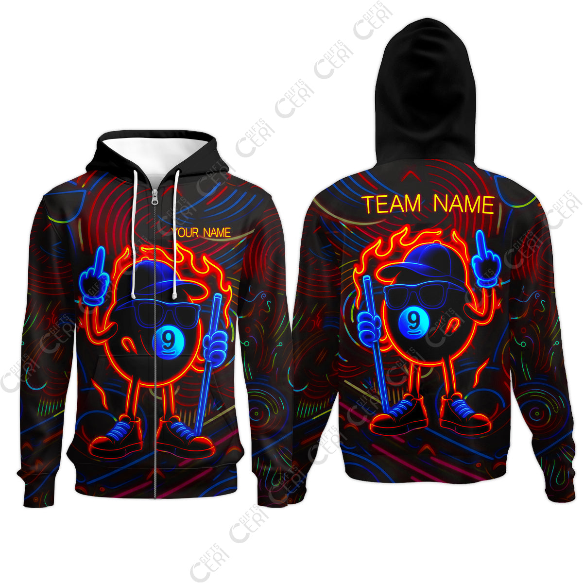 Customized 9 Ball Pool Zip Hoodies, 9-Ball Billiard Neon Cartoon Flaming, Billiard Jerseys
