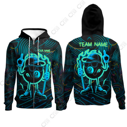 Customized 9 Ball Pool Zip Hoodies, 9-Ball Billiard Neon Cartoon Flaming, Billiard Jerseys