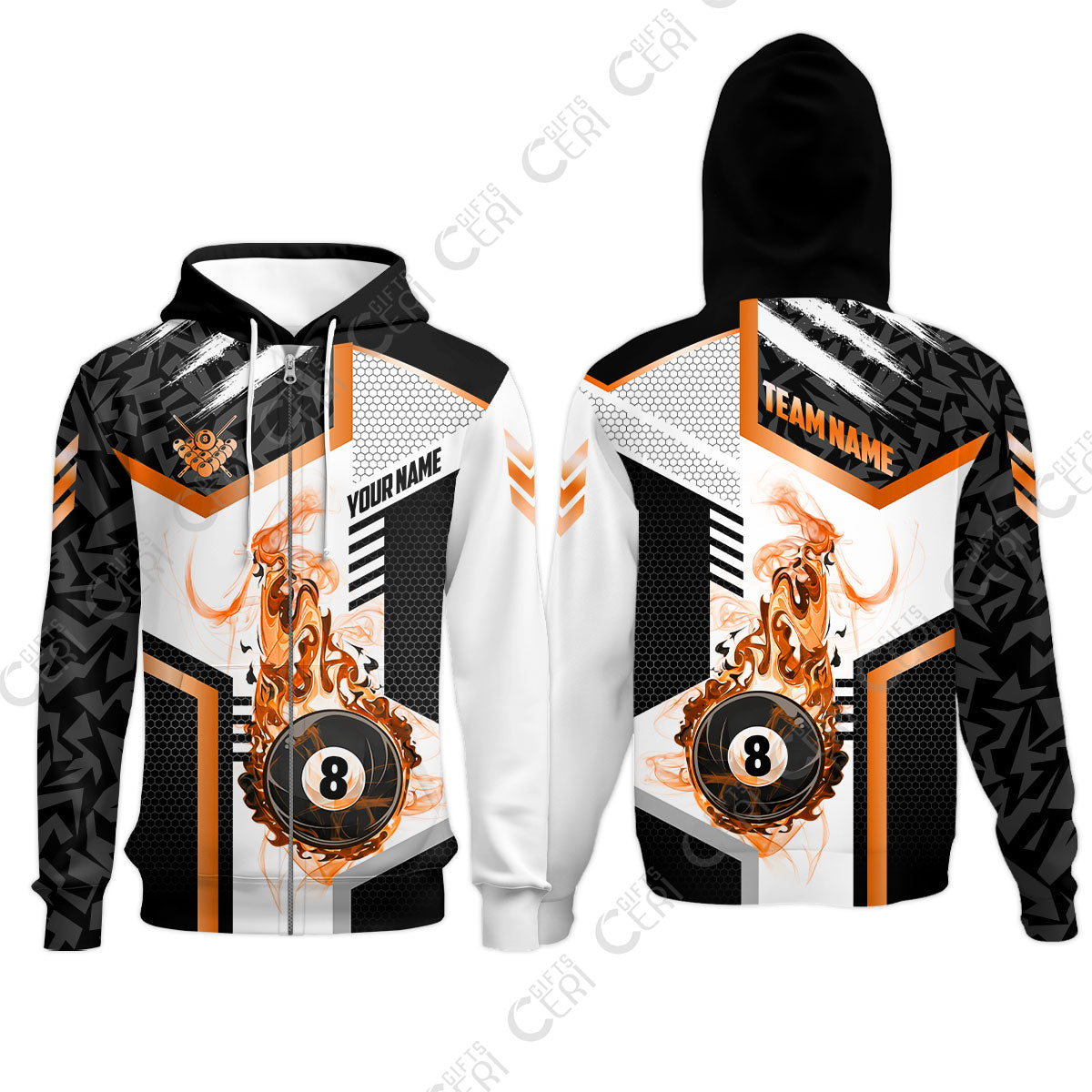 Customized Billiards Zip Hoodies, Flaming 8-Ball Graphic, 8 Ball Pool Jersey