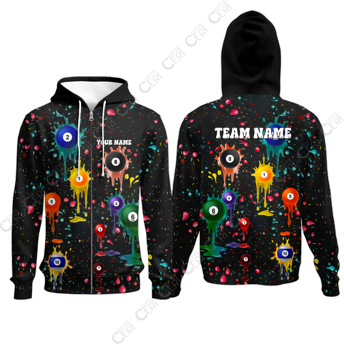 Customized 8 Ball Pool Zip Hoodies, Billiards 8-Ball Colorful Paint-Splash, Billiards Jerseys