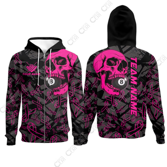 Customized 8 Ball Pool Zip Hoodies, Billiard Pink Skull, Personalized Billiards Jersey