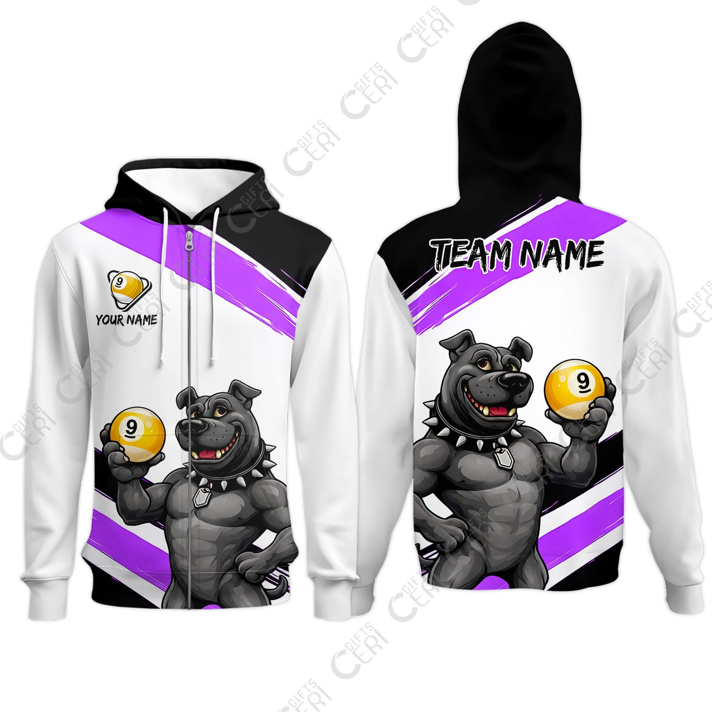 Customized Billiards Zip Hoodies, Personalized Pitbull 9 Ball Jersey Gift For Billiard Players