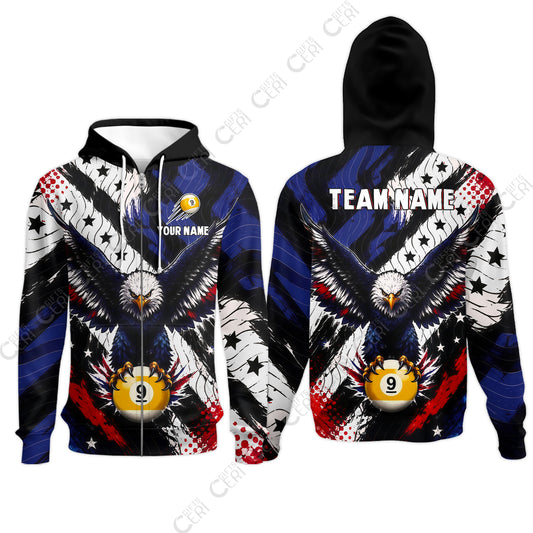 Customized 9 Ball Pool Zip Hoodies, Eagle Holding Ball American Flag 9-ball, Personalized Billiards Jersey