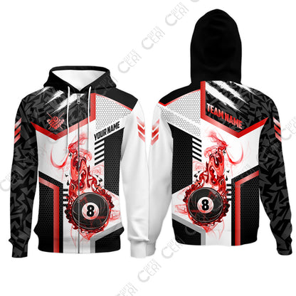 Customized Billiards Zip Hoodies, Flaming 8-Ball Graphic, 8 Ball Pool Jersey