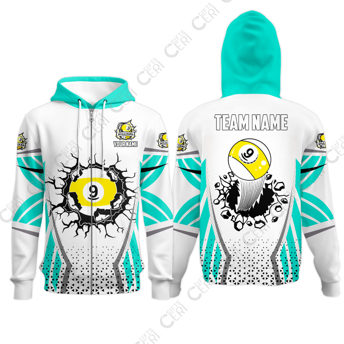 Customized 9 Ball Pool Zip Hoodies, Billiard Triangle Pattern, 9-Ball Breaks The Wall, Billiard Jerseys