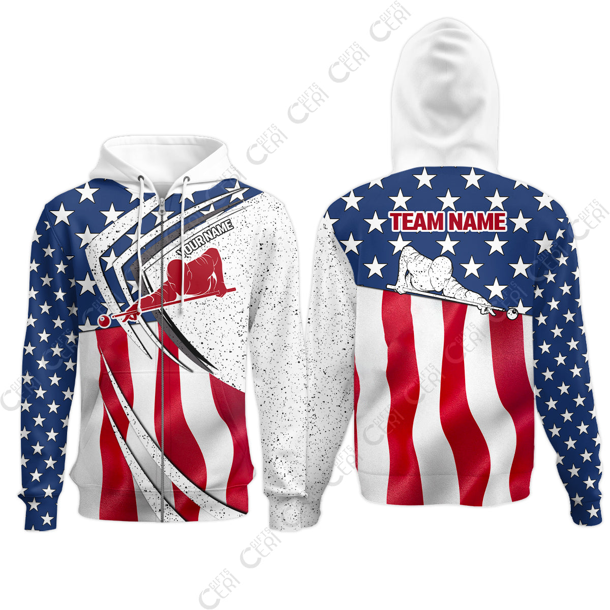 Customized Billiards Zip Hoodies, Billiards Player Silhouette With American Flag, Billiards Jerseys