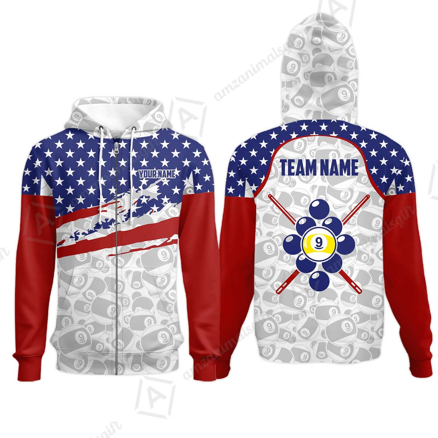 Customized 9 Ball Pool Zip Hoodies, American Star Flag Billiard 9-ball, Personalized Billiards Jersey