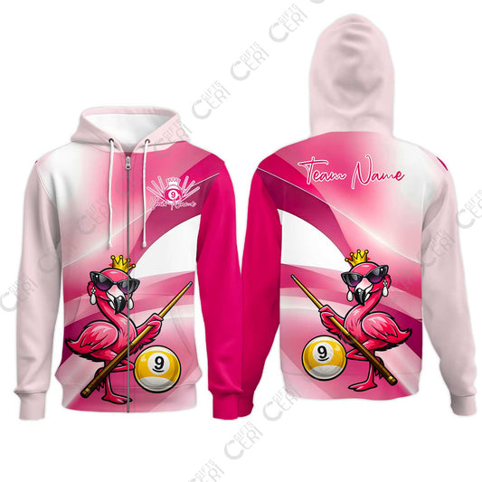 Customized 9 Ball Pool Zip Hoodies, Pink Flamingo Billiards 9-Ball, Personalized Billiards Jersey