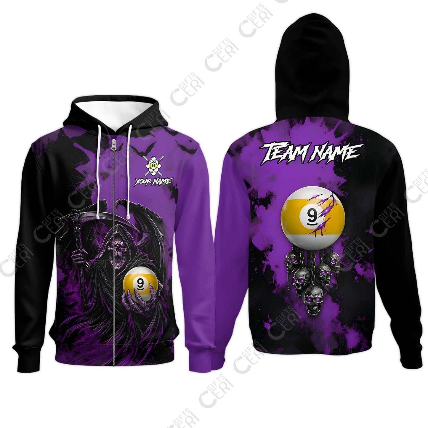 Customized 9 Ball Pool Zip Hoodies, Billiard Death Skull Paint Splash 9-Ball, Billiards Jersey