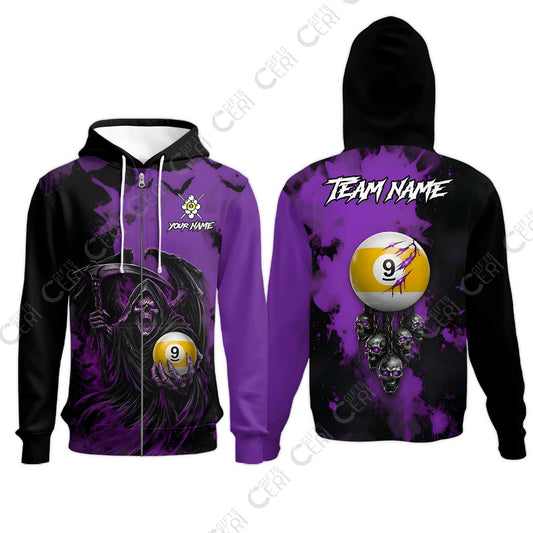 Customized 9 Ball Pool Zip Hoodies, Billiard Death Skull Paint Splash 9-Ball, Billiards Jersey